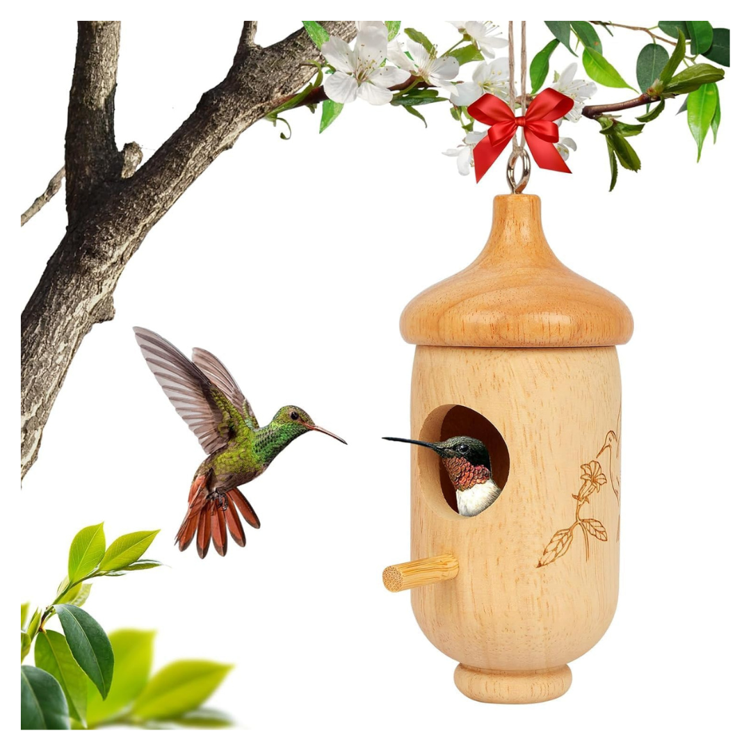Wooden Small Hanging Bird House With Bow & String