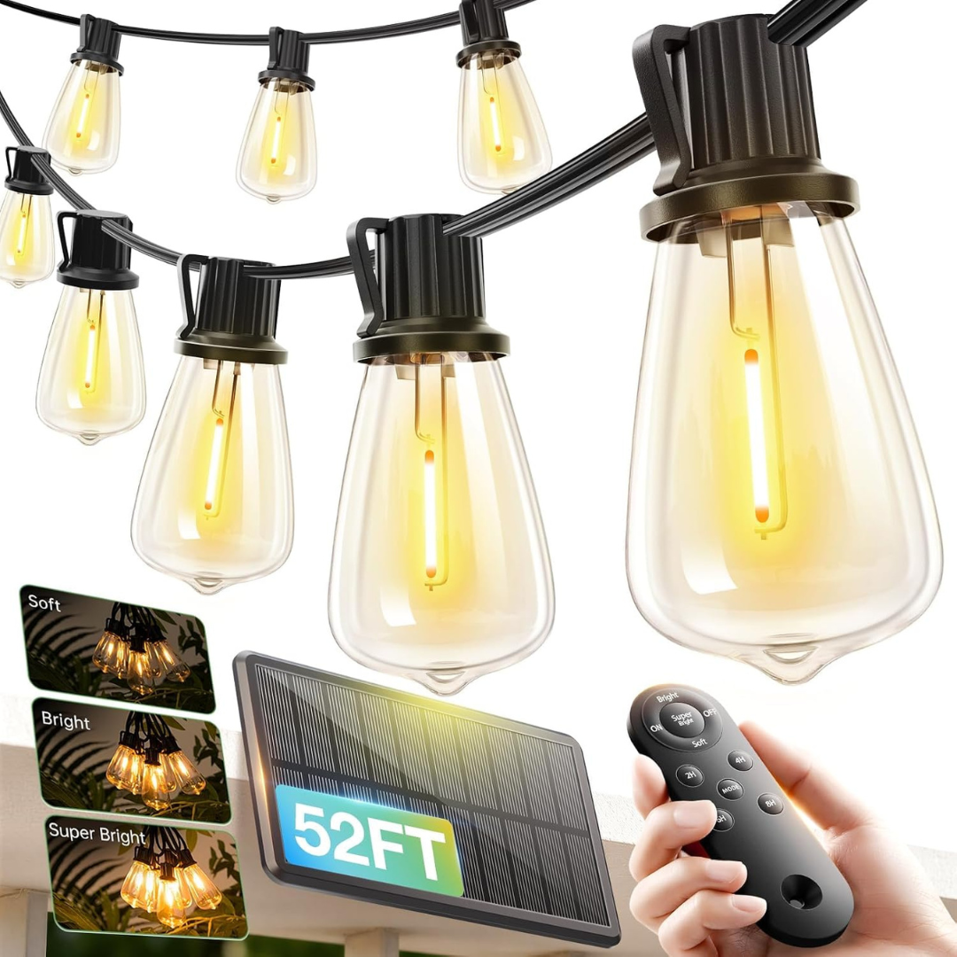 52' Solar String Lights W/ Remote, USB Port & 16 Shatterproof Bulbs