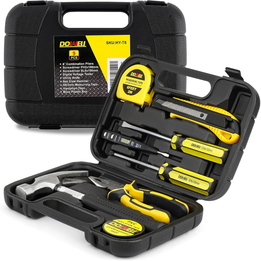 9-Piece Dowell General Small Homeowner Tool Set W/ Plastic Storage Toolbox