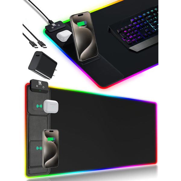Miroddi XXL LED Gaming Mouse Pad w/ Dual Qi Charging & Phone Holder