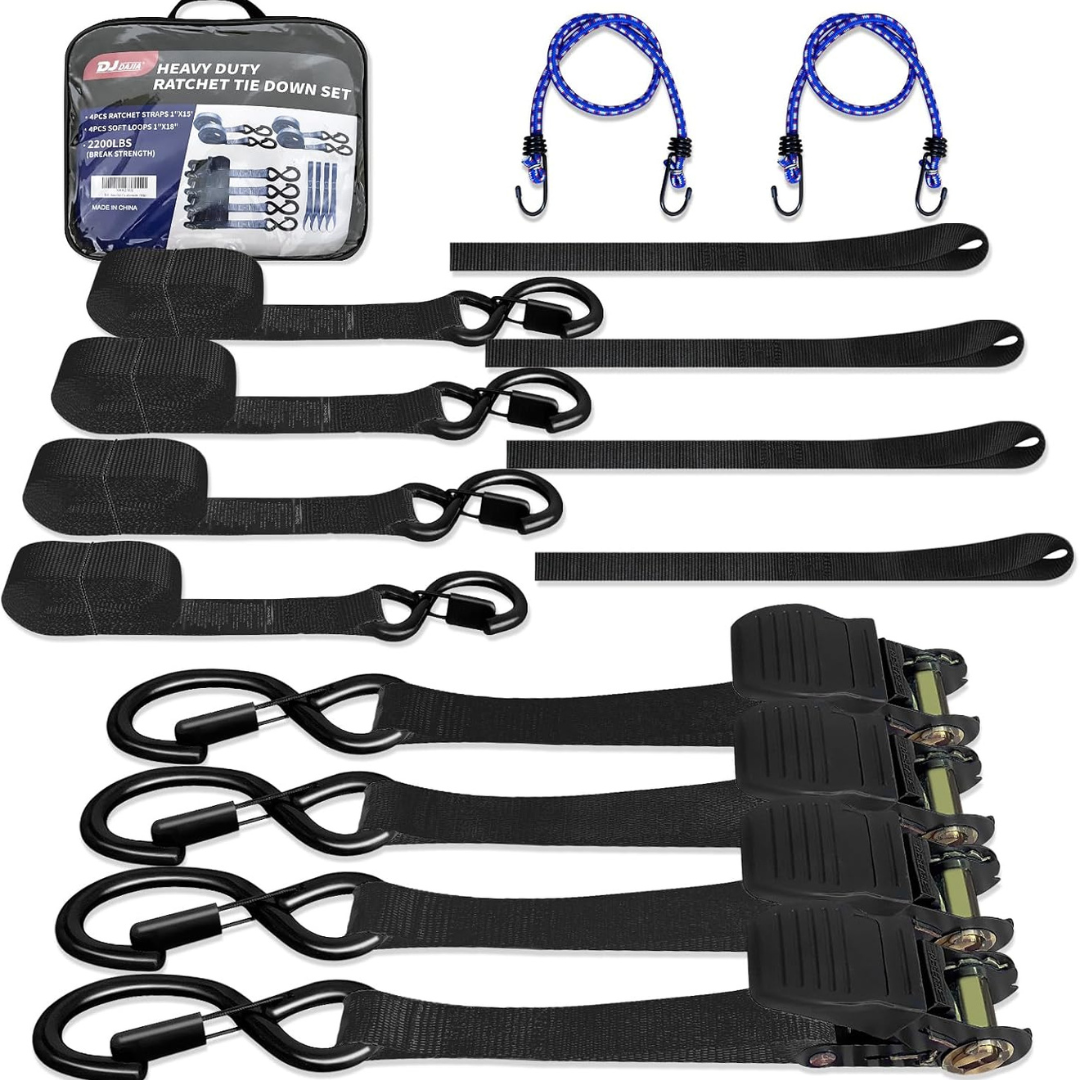 4-Pack 1" x 15' Tie Down Ratchet Straps w/ Soft Loops & Coated S-Hooks