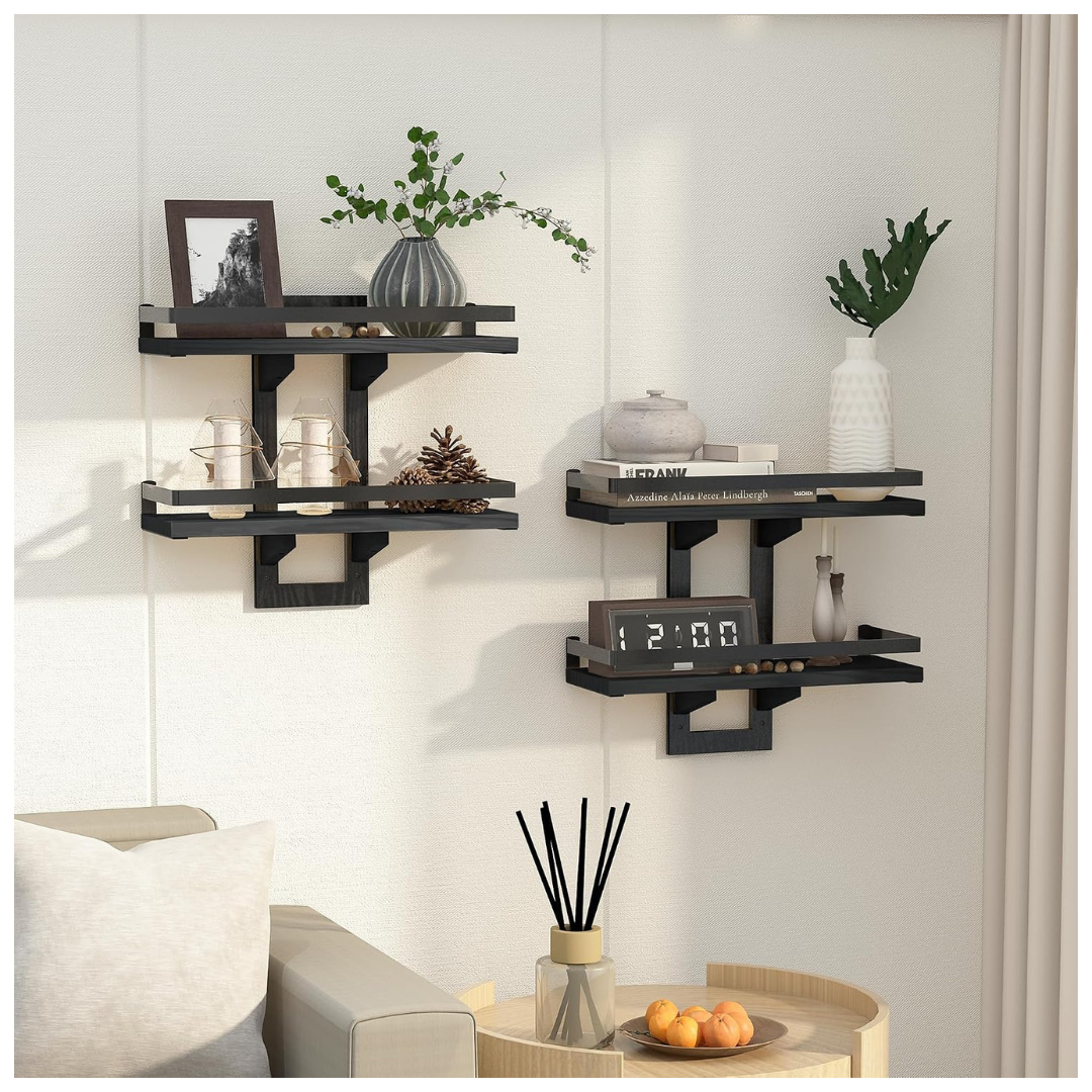 2-Pack Mtgstocl 2-Tier Floating Wall Mounted Shelves (Black)