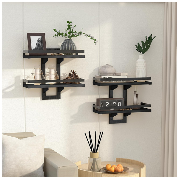 2-Pack Mtgstocl 2-Tier Floating Wall Mounted Shelves (Black)