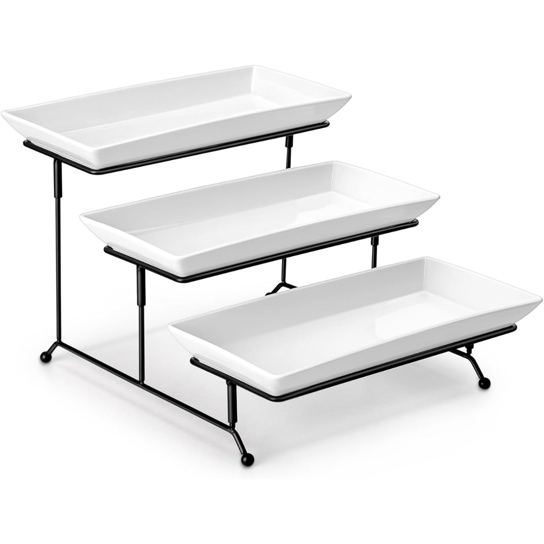 3-Tier Malacasa 12" Porcelain Serving Trays & Stand (White)