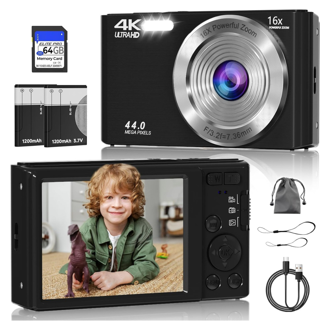 4K FHD 44MP Point & Shoot Digital Camera With 64GB SD Card