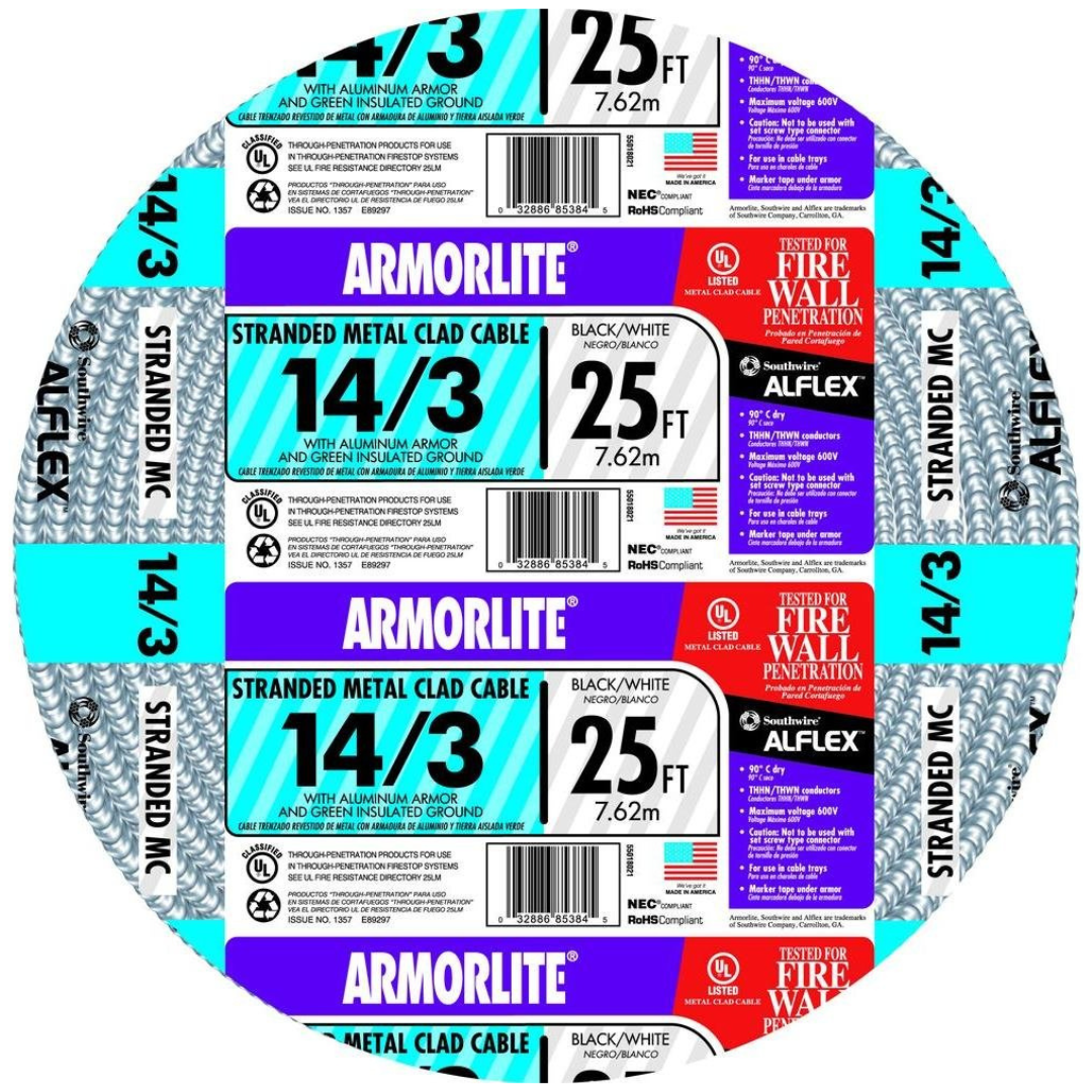 25 Ft Southwire Armorlite 14/3 Stranded CU MC (Metal Clad) Cable
