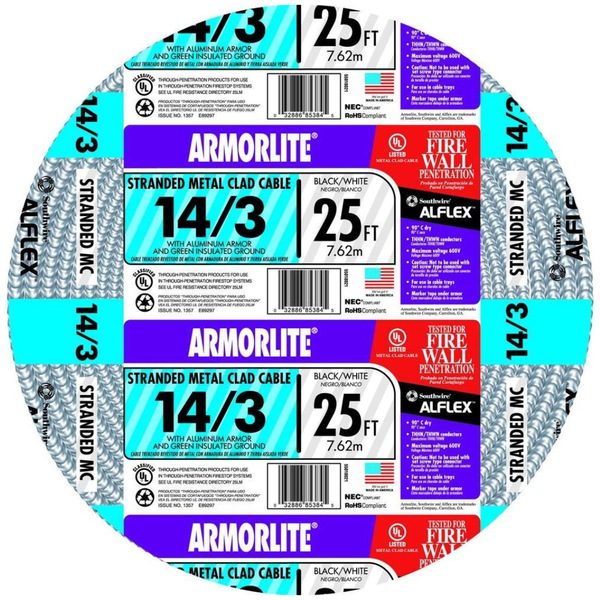 25 Ft Southwire Armorlite 14/3 Stranded CU MC (Metal Clad) Cable