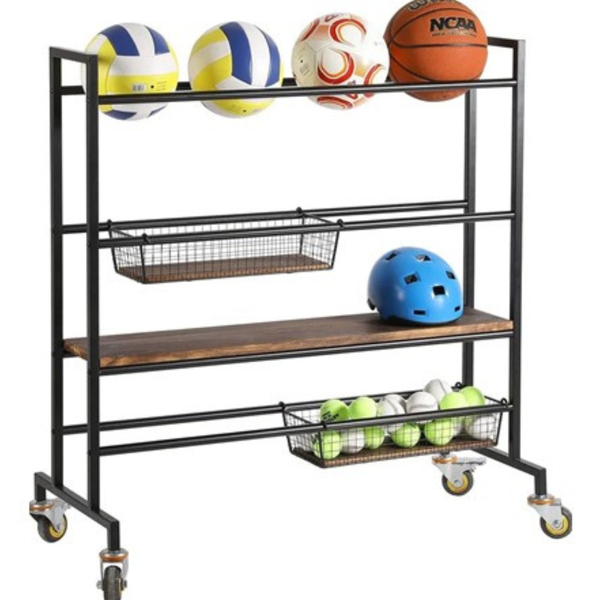 Heavy Duty Metal Sports Equipment Rolling Rack with Wood Shelves