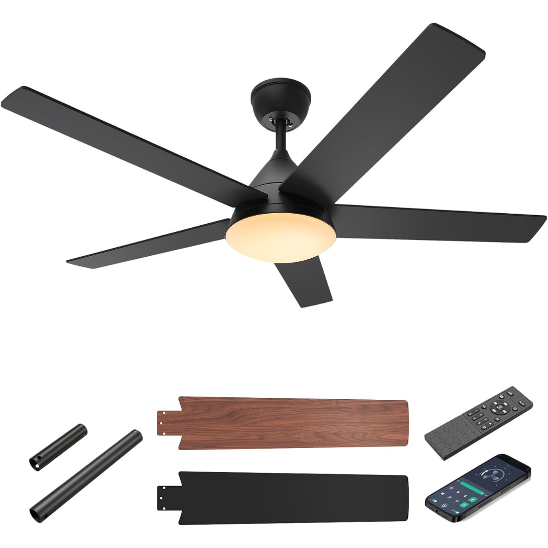 52" Black Ceiling Fan with 3CCT Dimmable LED Lights