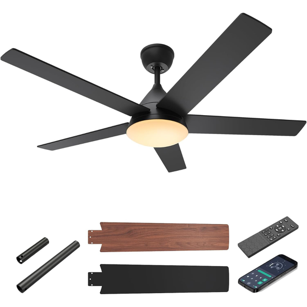 52" Black Ceiling Fan with 3CCT Dimmable LED Lights