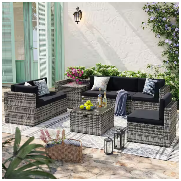 7-Piece Sizzim Wicker Rattan Outdoor Patio Conversation Set