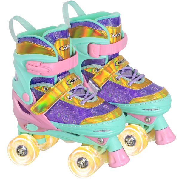 Kids Quad Roller Skates With Reflective Love Heart Design & Light-Up Wheels