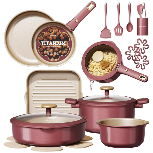 26-Piece Carote Nonstick Cookware Set W/ Detachable Handle (Red)