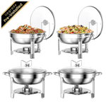 4-Pack Chafing Dish Buffet Set With Glass Lid & Lid Holder (Round, Silver)