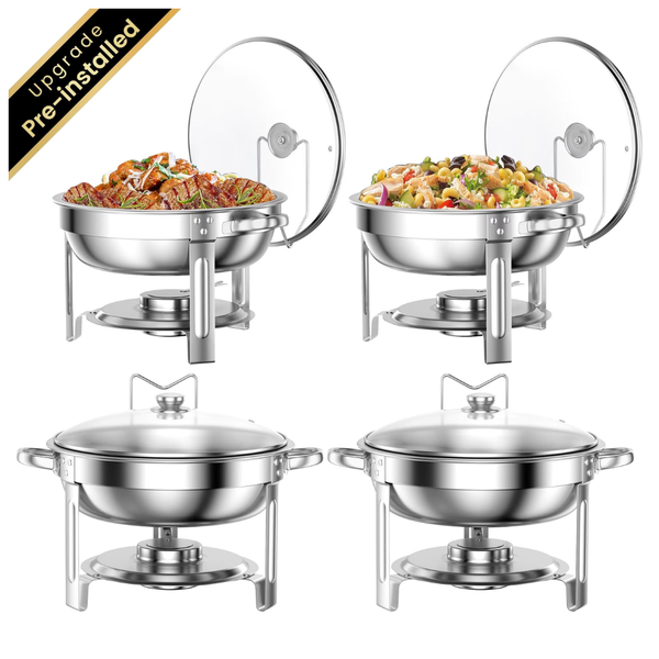 4-Pack Chafing Dish Buffet Set With Glass Lid & Lid Holder (Round, Silver)