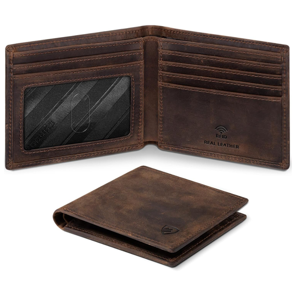 RUNBOX Men's Genuine Leather RFID Blocking Slim Bifold Wallet