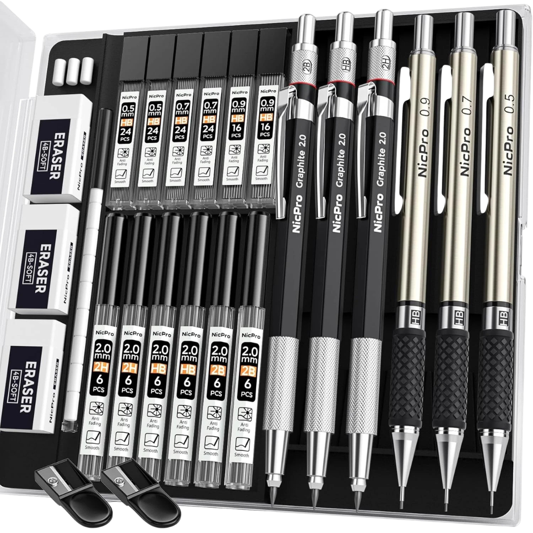 6-Piece Nicpro Art Mechanical Pencil Set W/ 12-Lead Refills Case