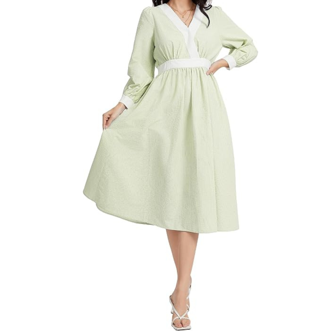 Women's Long Sleeve V Neck Elastic Waist Maxi Dress with Pockets