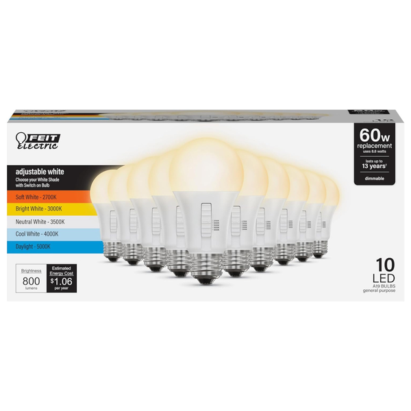 10-Pack Feit Electric 800 Lumens 60W Replacement A19 LED Light Bulbs