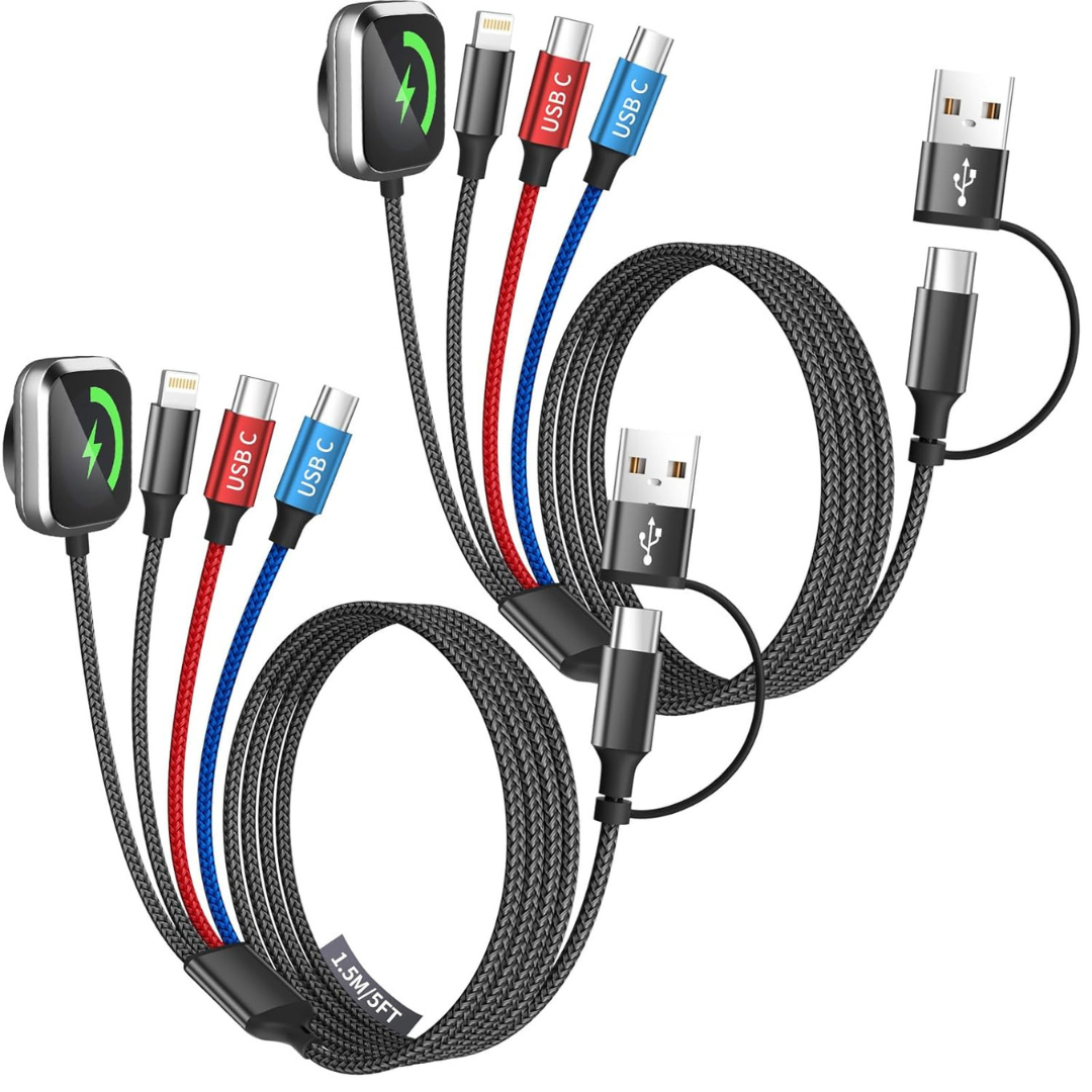 2-Pack 5' MPATIBY 3-in-2 Travel Charging Cables W/ Apple Watch Charger