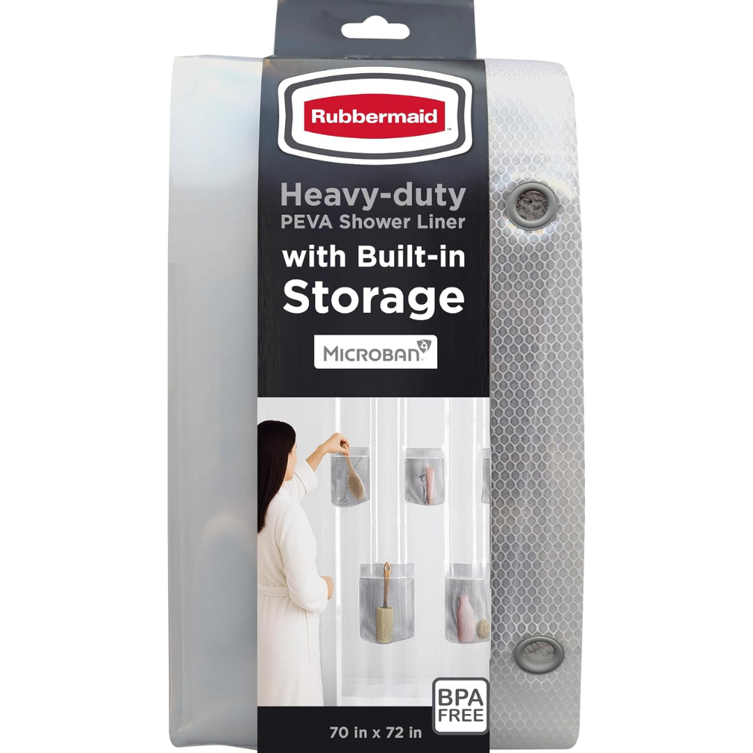 Rubbermaid Clear Waterproof Shower Curtain Liner With 5 Storage Pockets