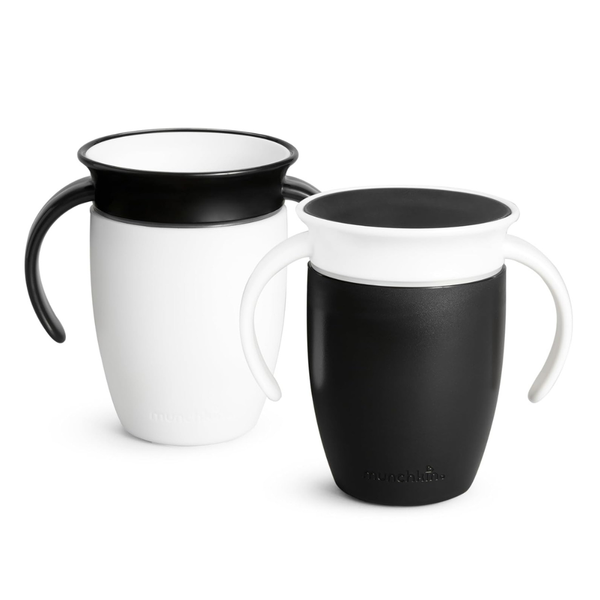 2-Pack 7 oz Munchkin Miracle 360 Sippy Cups W/ Transition Handles (Black/White)