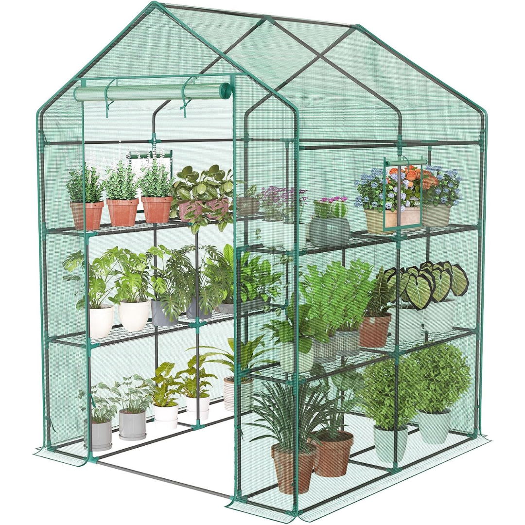 Newbulig Walk-in Outdoor Greenhouse W/ 2-Tier 8 Plant Shelves