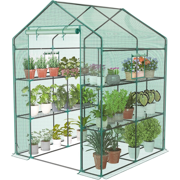 Newbulig Walk-in Outdoor Greenhouse W/ 2-Tier 8 Plant Shelves