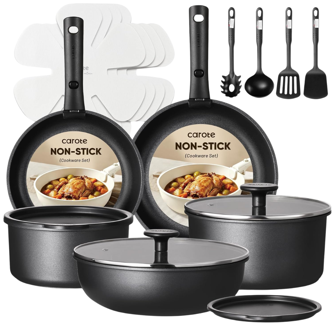 19-Piece Carote Non Stick Pots And Pans Set With Detachable Handle