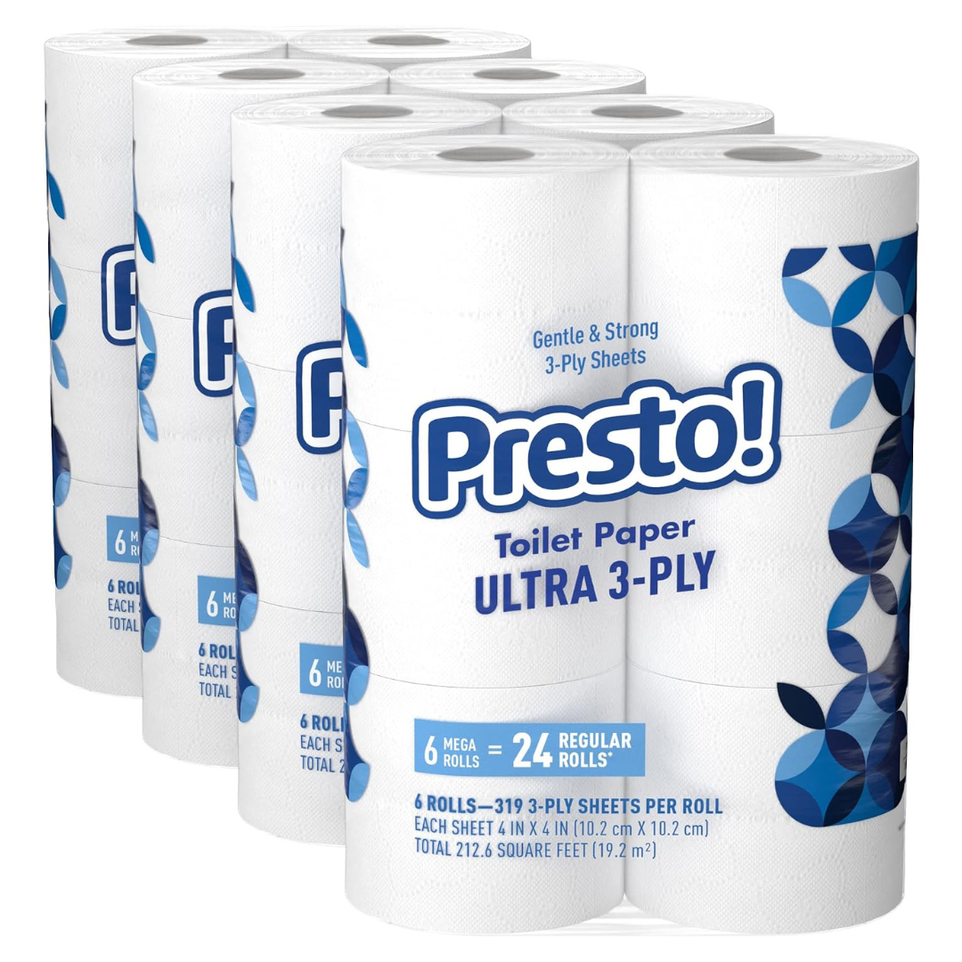 96-Count (4pk X 24-ct) Presto! 319-Sheet Presto Mega 3-Ply Toilet Paper Roll