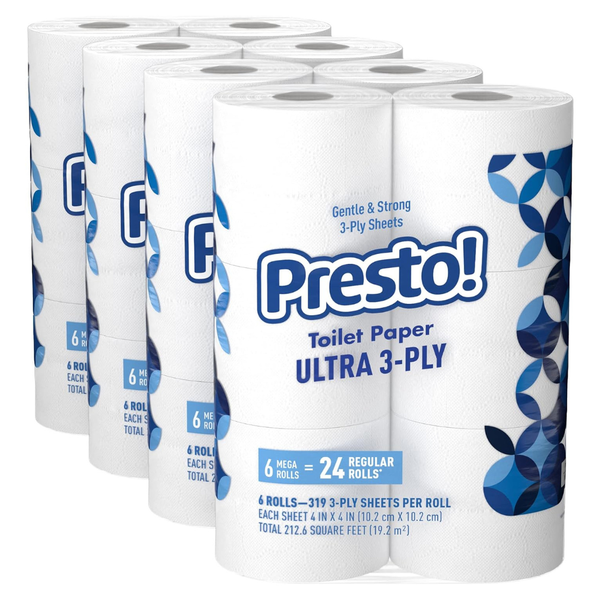 96-Count (4pk X 24-ct) Presto! 319-Sheet Presto Mega 3-Ply Toilet Paper Roll