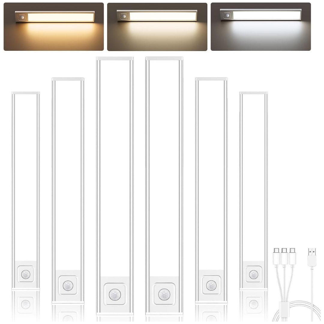 6-Pack 9.8" Rechargeable Motion Sensor Under Cabinet Lights W/ 3 Colors