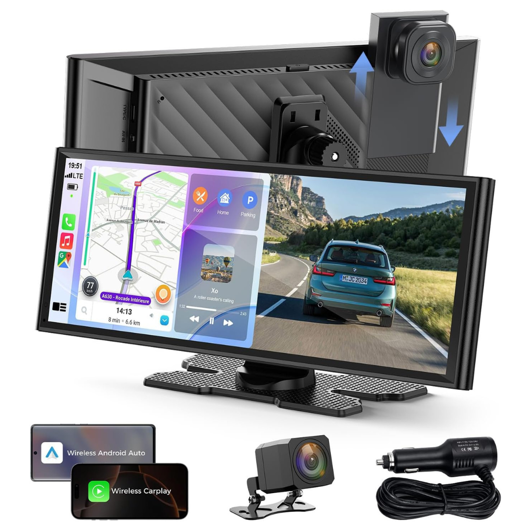 9.26" TOGUARDGO Wireless CarPlay Screen W/ 4K+1080P Dual Dash Cam