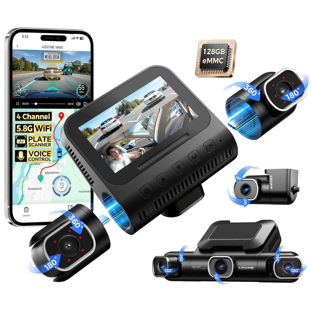 360 Deg. 4-Channel 2K & 3-1080P 5G WiFi Dash Cam W/ 4 Adjustable Lenses