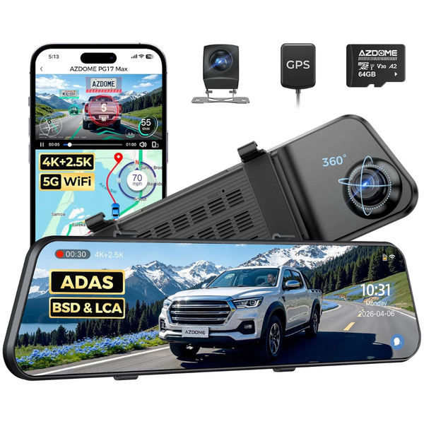 12" AZDOME PG17 Max 4K+2.5K Mirror Dash Cam W/ ADAS, BSD And LCA