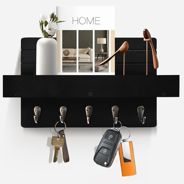 Decorative Key Holder Wall Mount With Shelf & 5 Sturdy Hooks