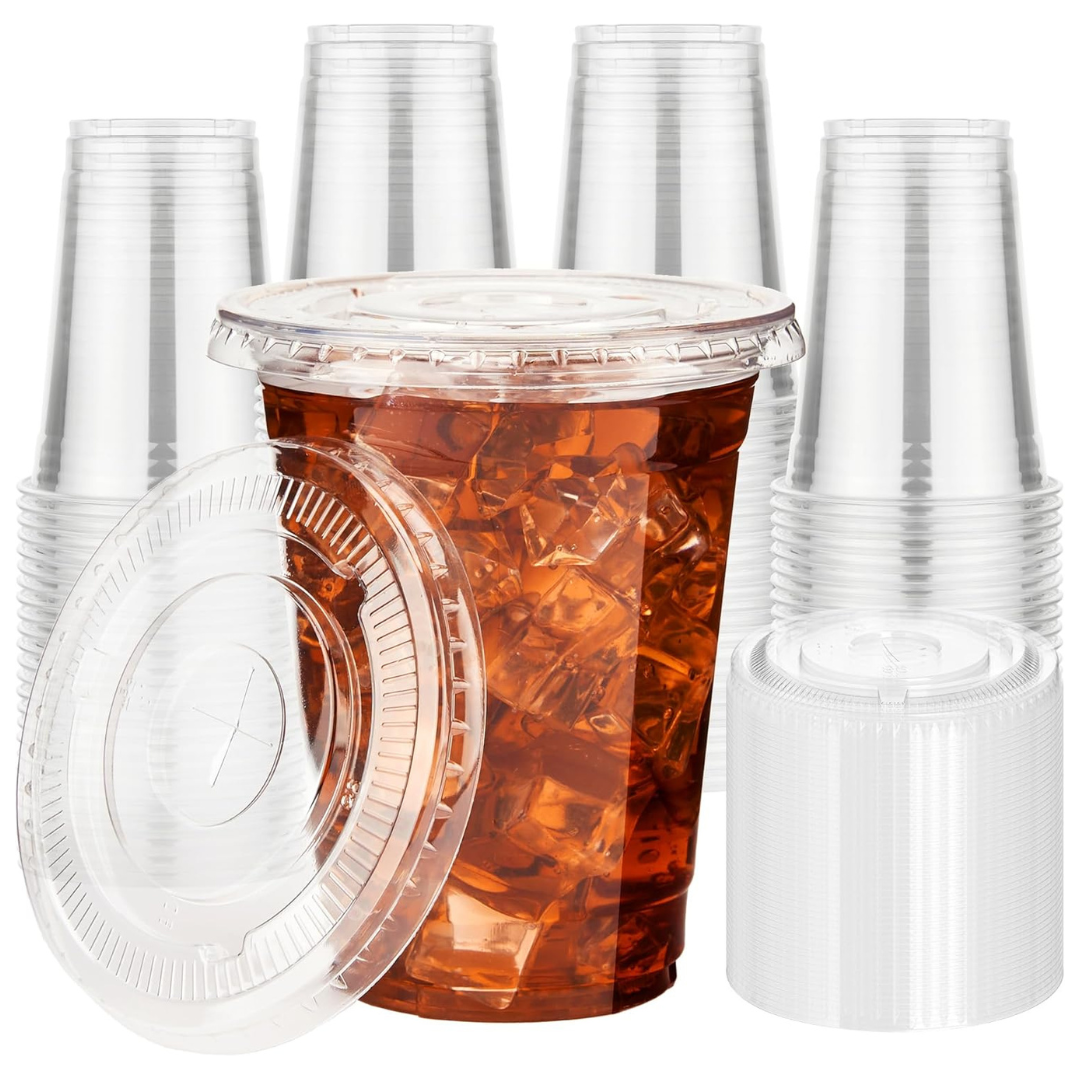 50-Pack 16-Oz Disposable Clear Plastic Cups with Flat Lids & Straw