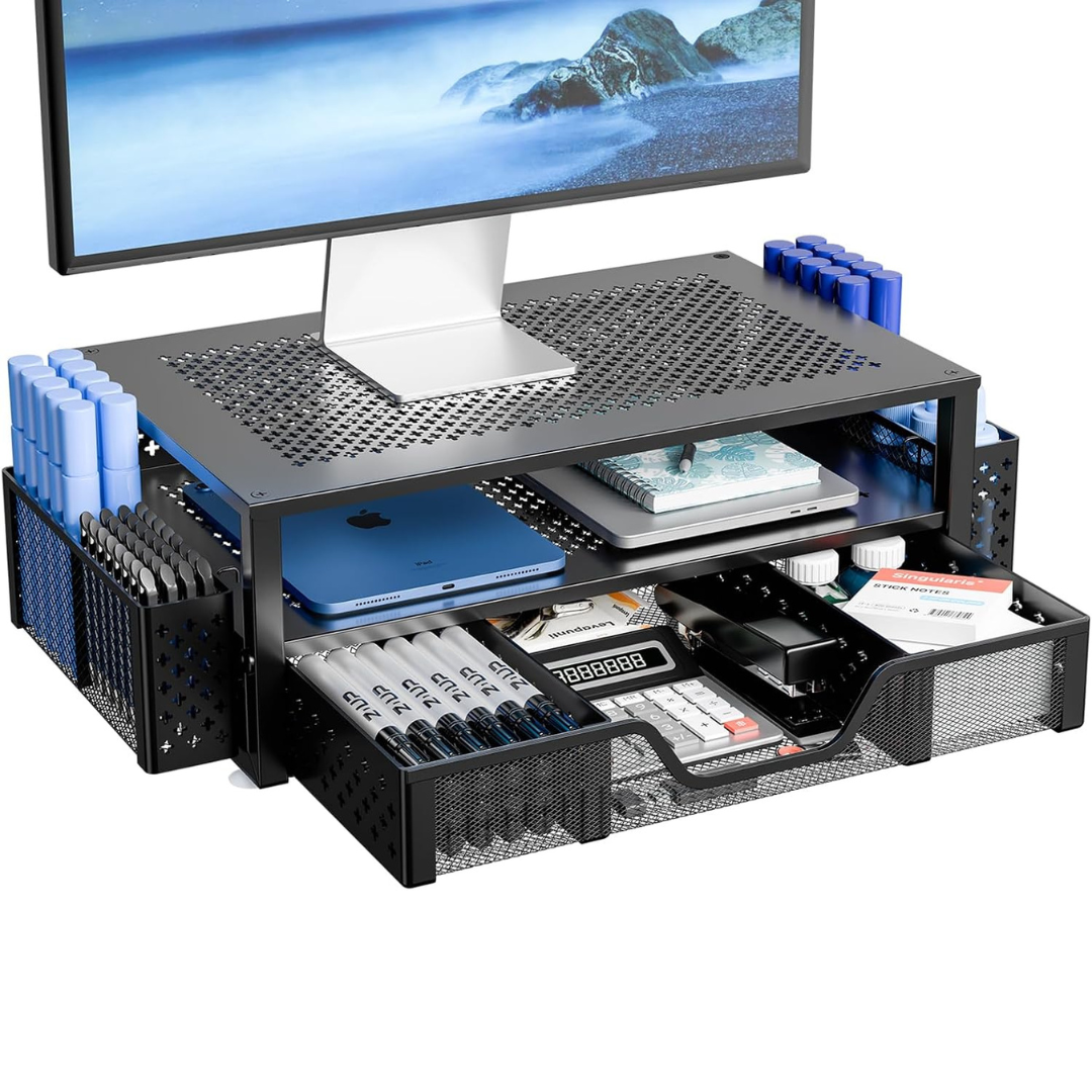 Simple Trending 2-Tier Metal Monitor Stand with Drawer & Pen Holder