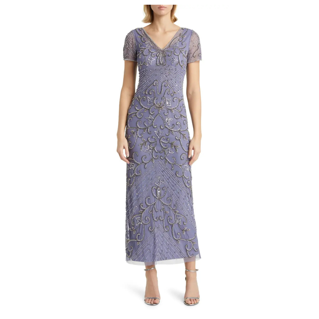 Pisarro Nights Women's Beaded Cap Sleeve V Neck Gown