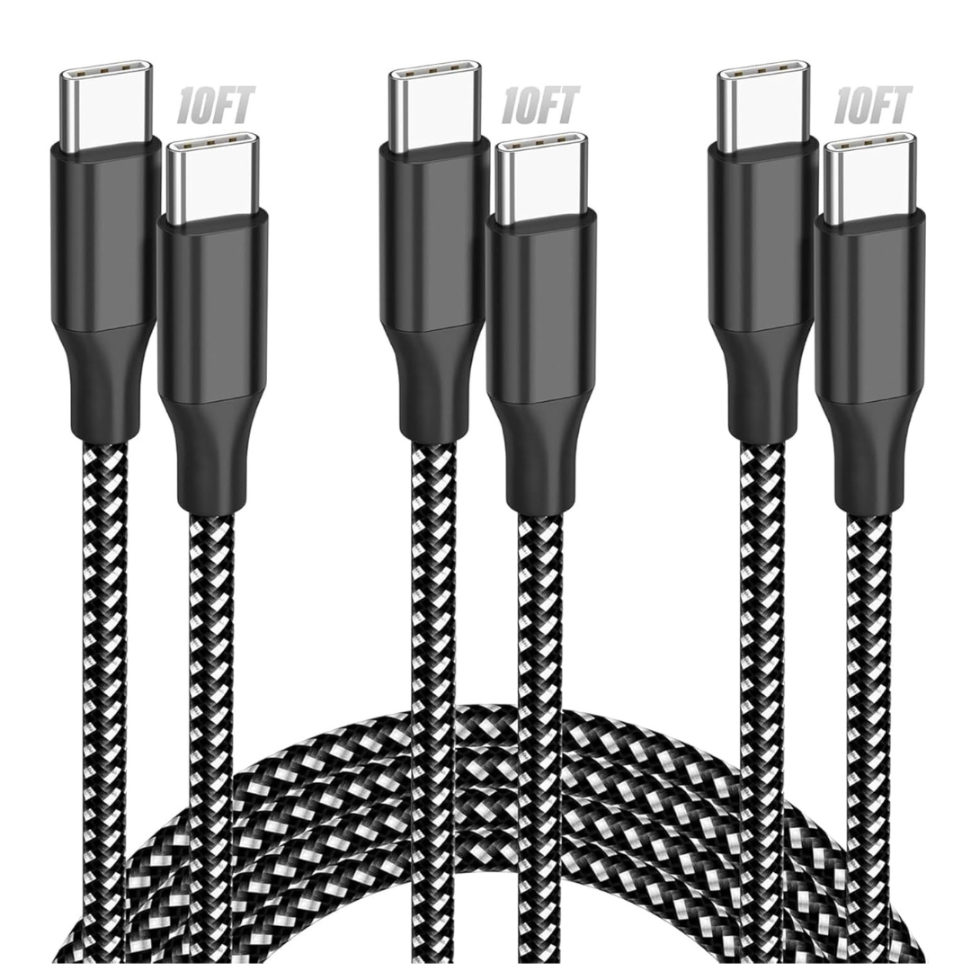 3-Pack 10FT SwaggWood 60W USB-C To USB-C Nylon Braided Fast Charging Cable