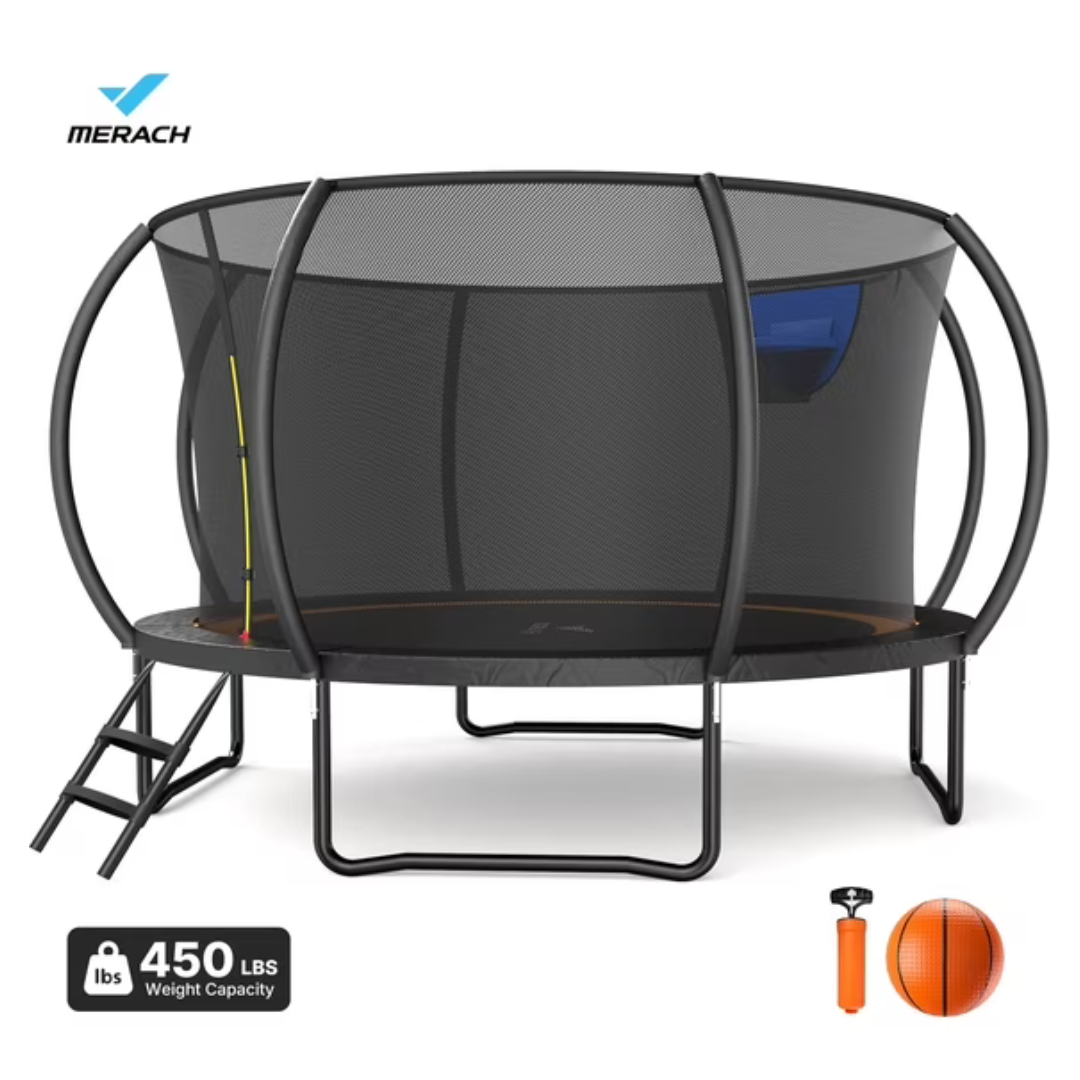 MERACH 14FT Pumpkin Outdoor Trampoline With Safety Enclosure Net