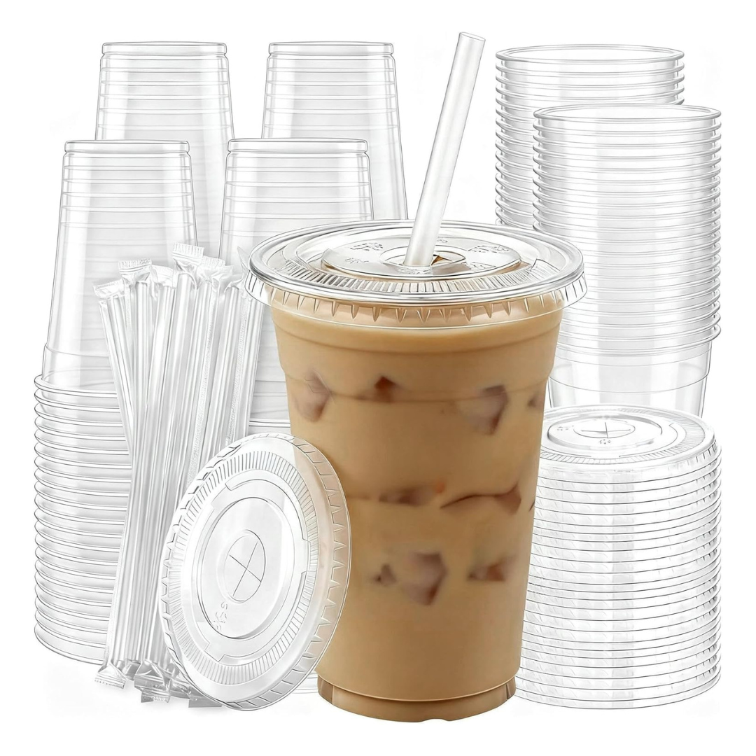 100-Pack 16 oz Clear Disposable Plastic Cups With Lids & Straws