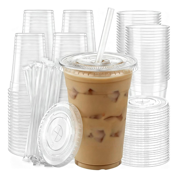 100-Pack 16 oz Clear Disposable Plastic Cups With Lids & Straws