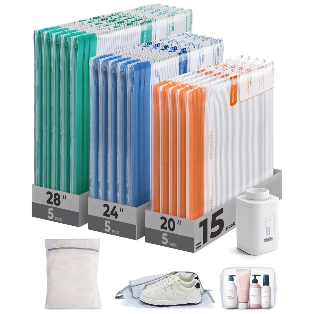 18-Pack Multicolor Vacuum Storage Bags W/ Rechargeable Pump (3 Sizes)