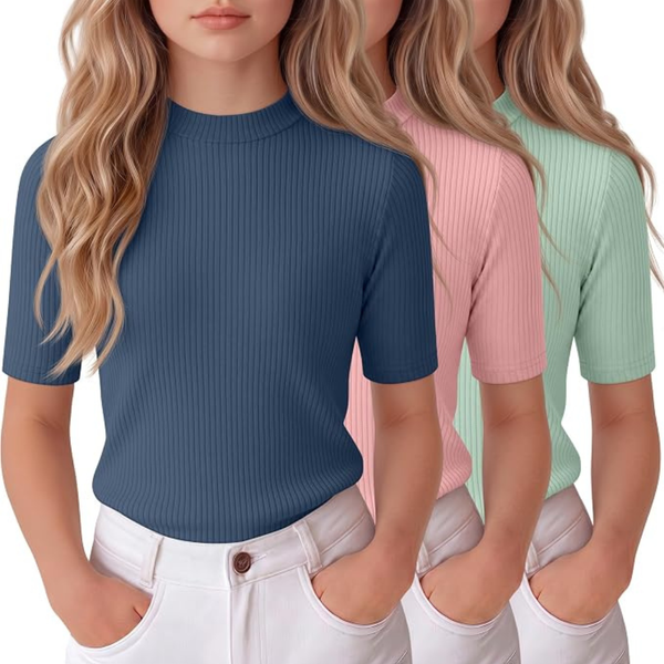 3-Pack Girl's Slim Fit Ribbed Tops (Various) 5-16 Years