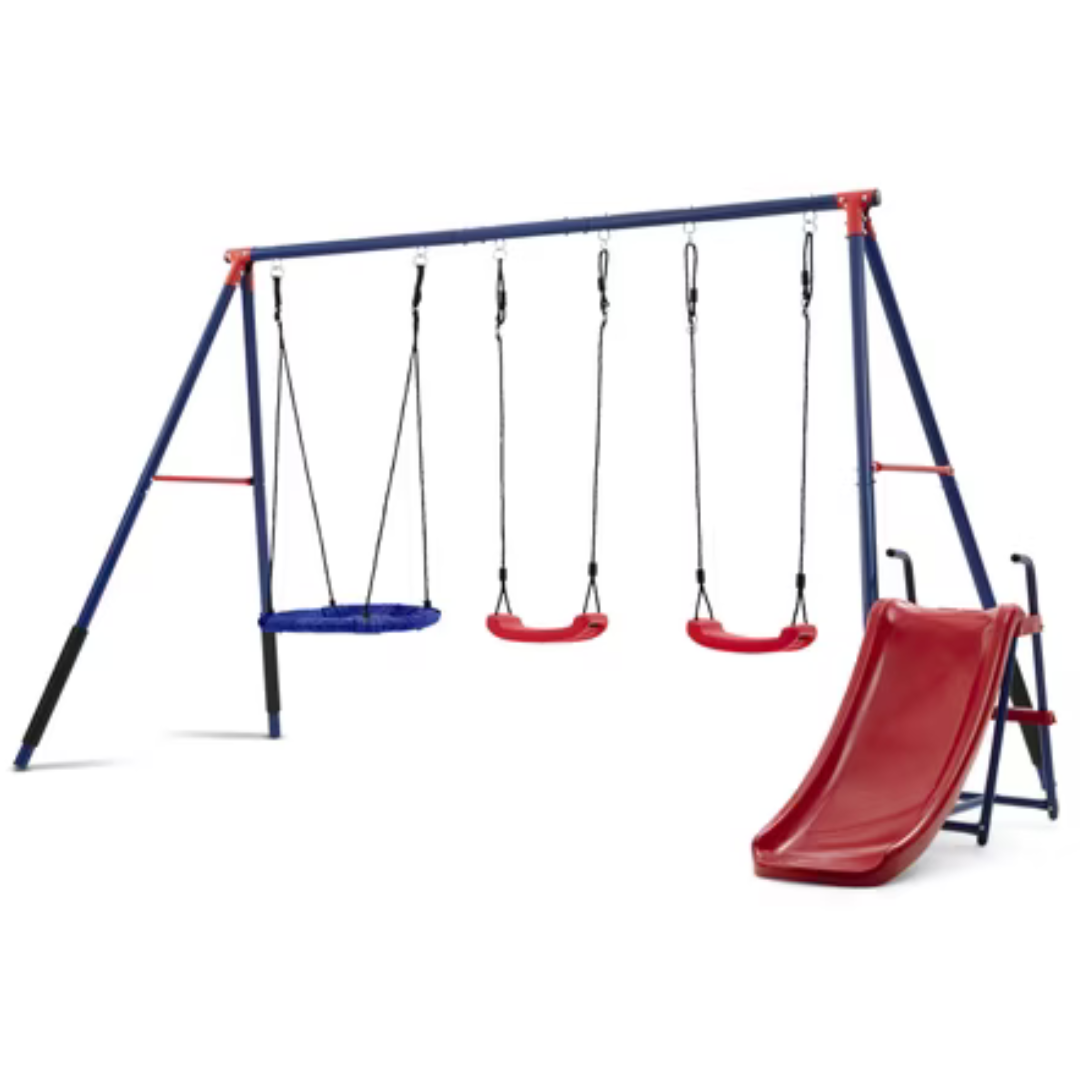 Delta Children FunZone Outdoor Metal 4-Piece Swing Set (Blue/Red)