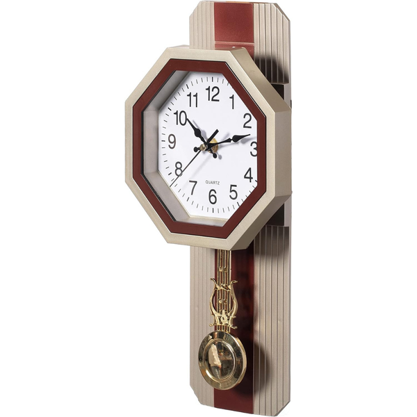 14"W x 2"H Traditional Round Wood Looking Pendulum Plastic Wall Clock
