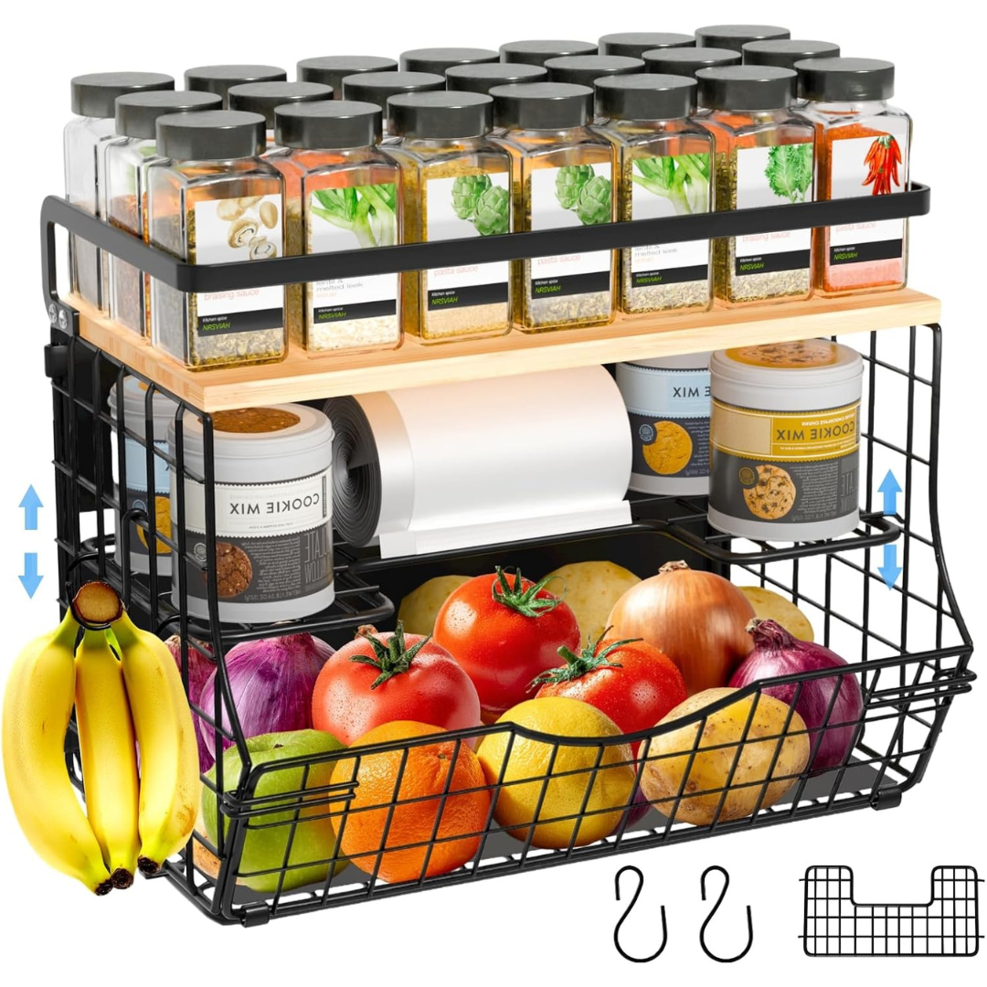 3-Tier Magnetic Fridge Shelf Organizer with Bamboo Top