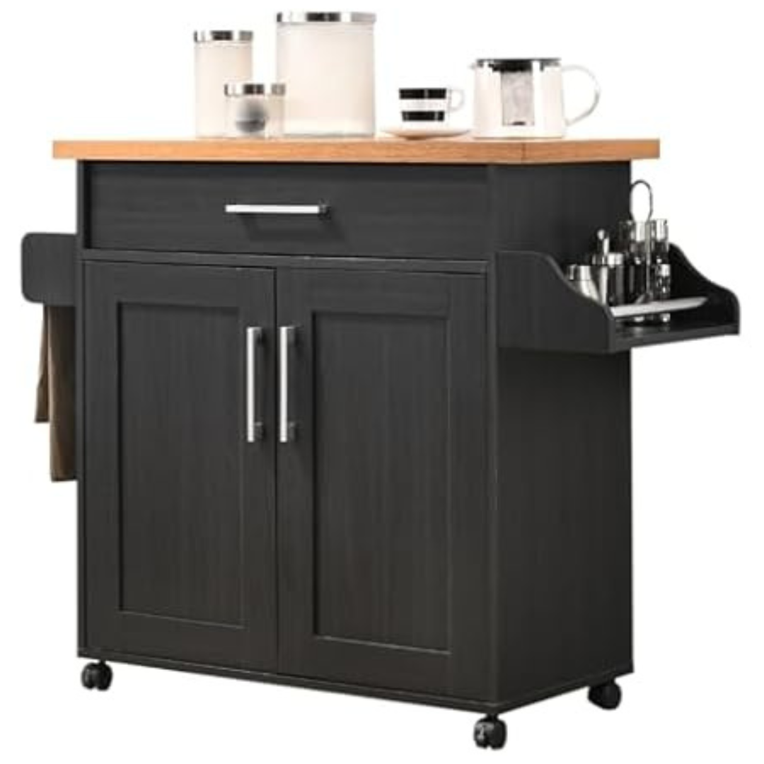 Hodedah Rolling Wood Kitchen Island Cart With Spice Rack