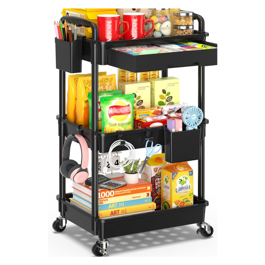 3-Tier Sunally Rolling Utility Cart With Removable Drawer (Black)